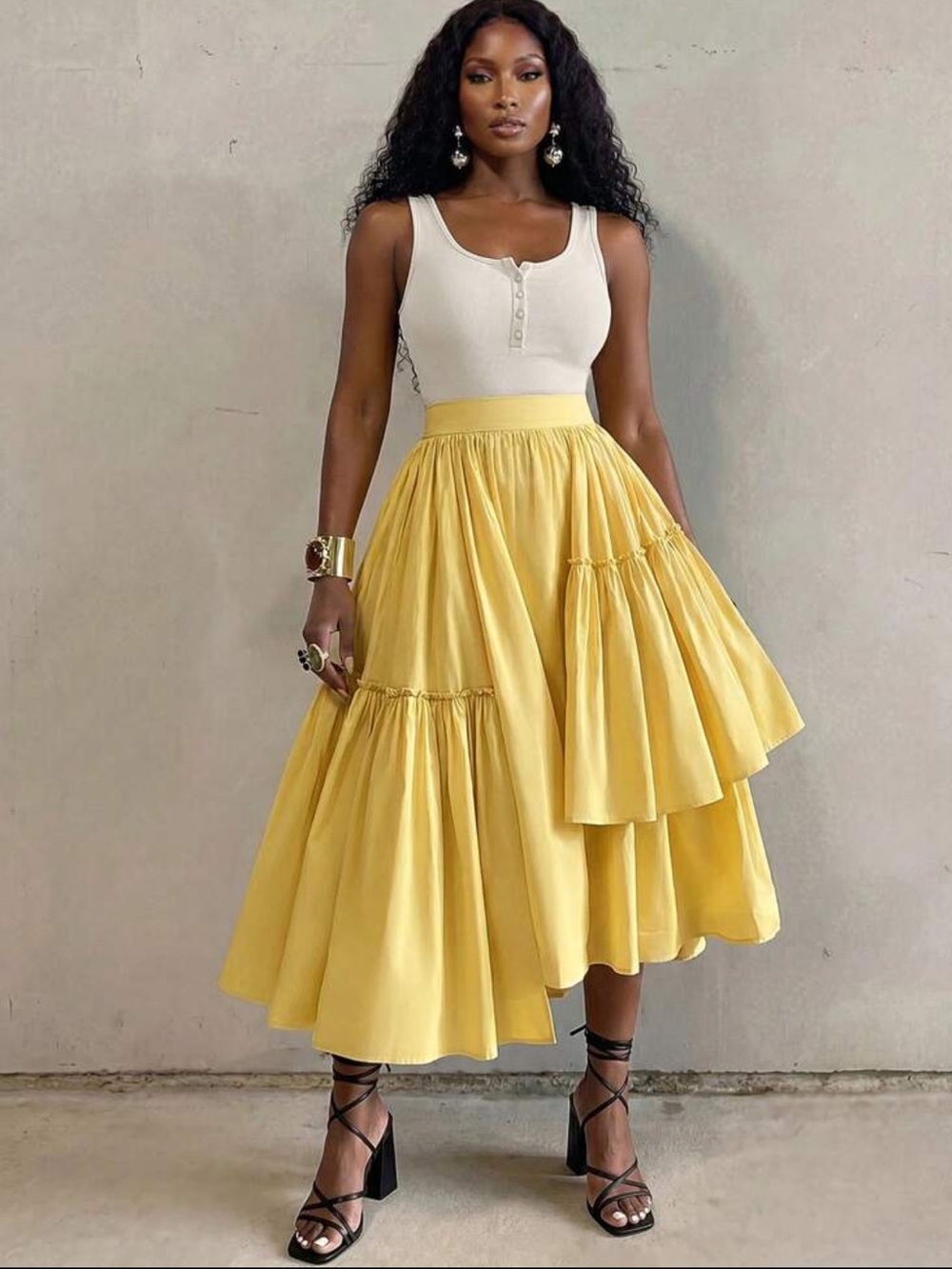 Sunshine Yellow Tiered A-Line Midi Skirt